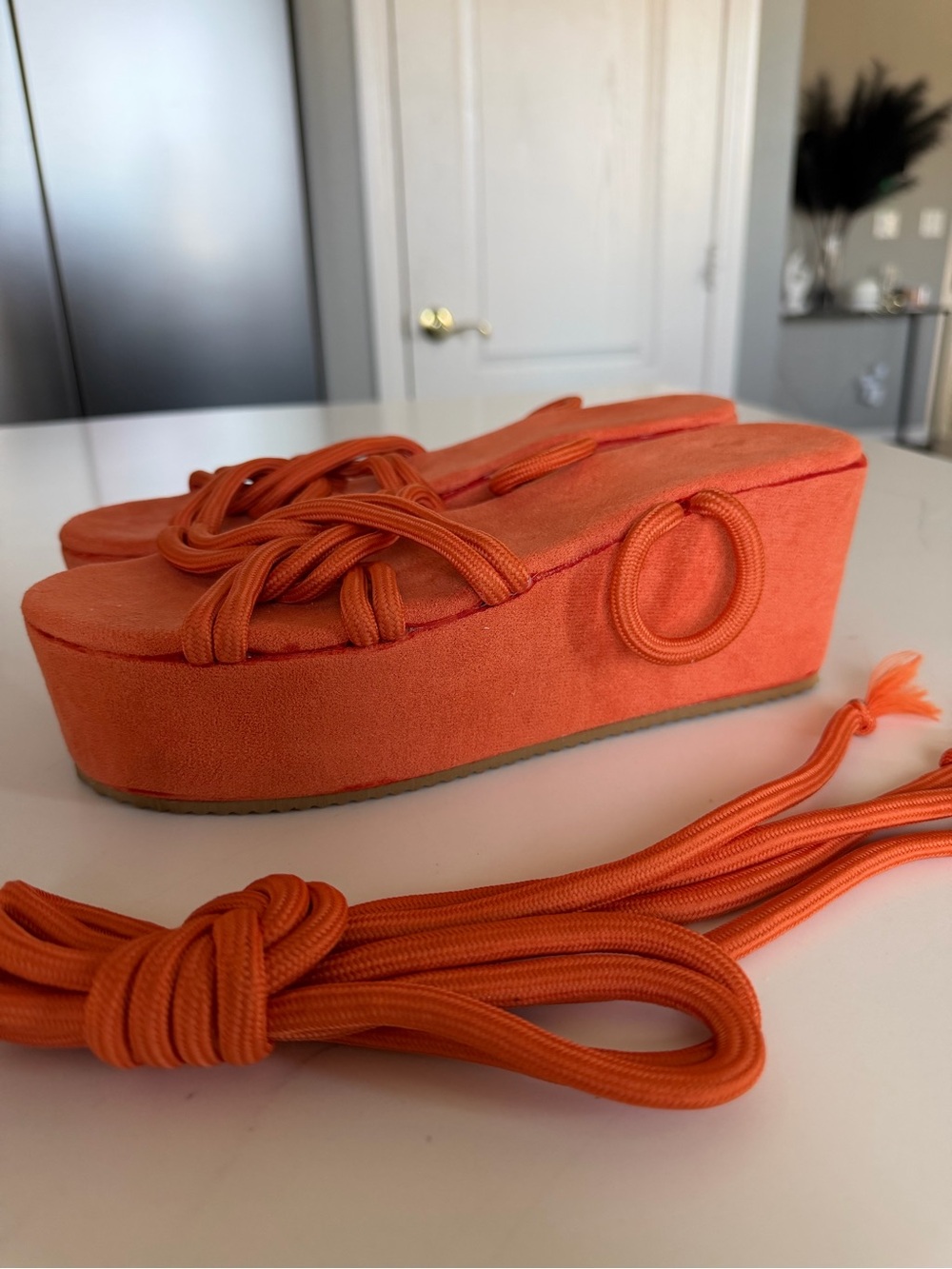 Women’s Orange Knotted Platform Sandals with Wrap Laces - Picture 3 of 10